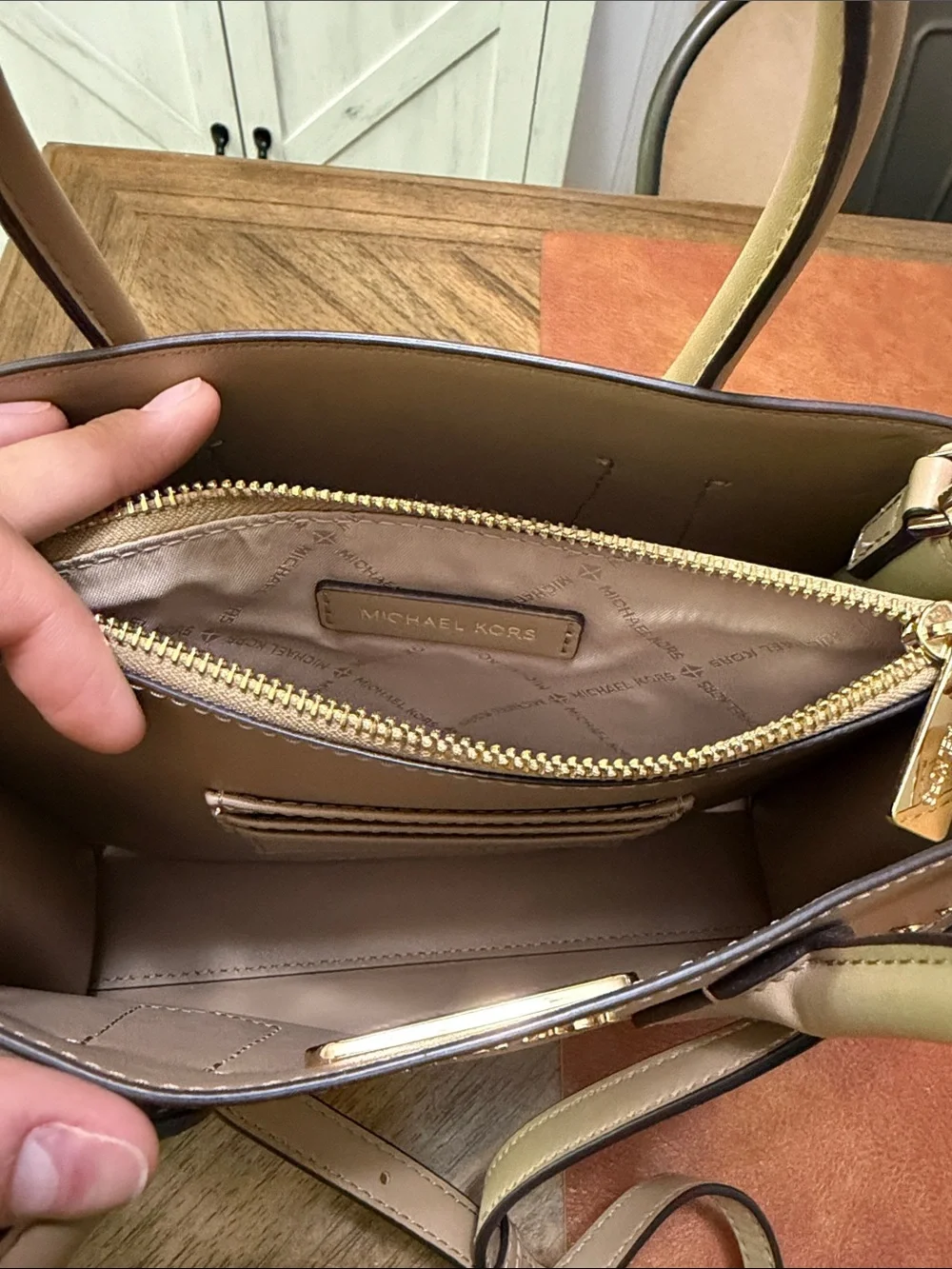 Michael Kors Taupe Saffiano Leather Satchel with Gold Studs